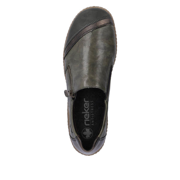 Rieker L7571-54 women's green combi leather water resistant side zip shoes, top view.