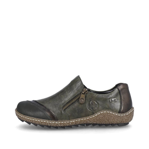 Rieker L7571-54 women's green combi leather water resistant side zip shoes, inner side view.