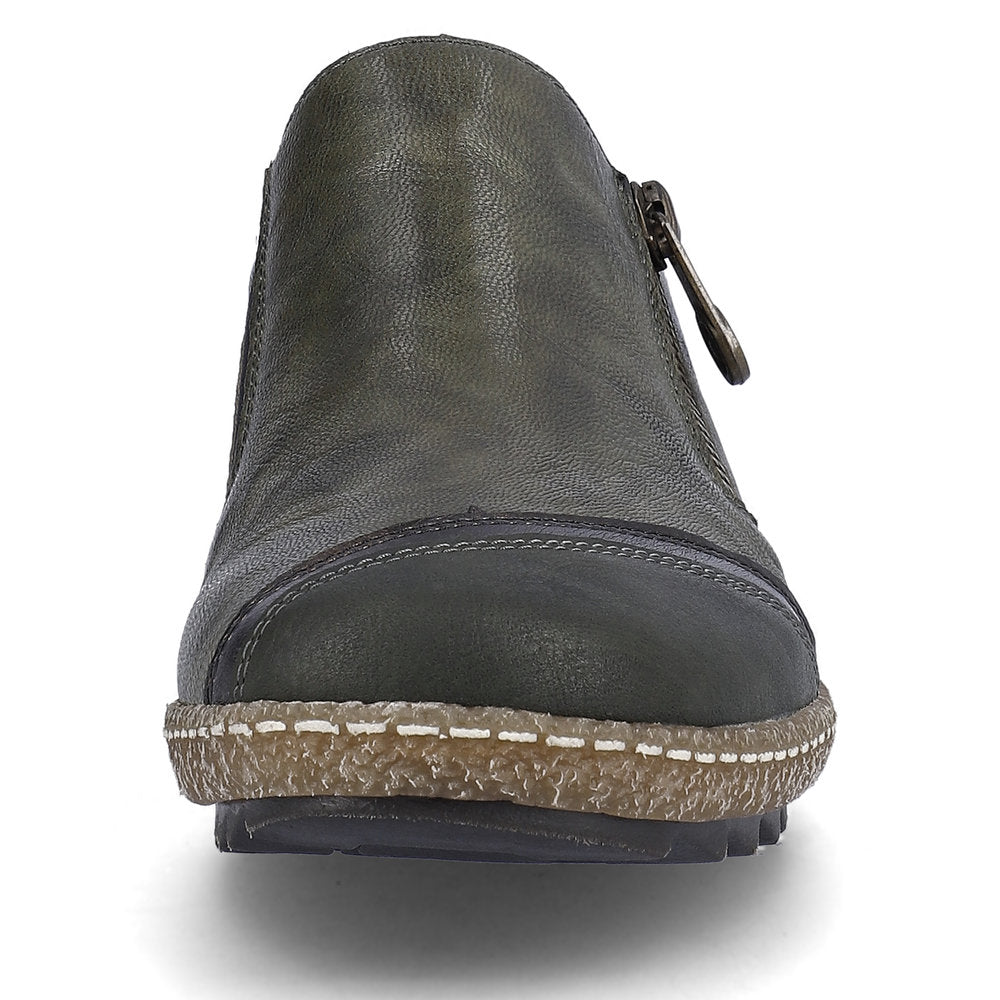 Rieker L7571-54 women's green combi leather water resistant side zip shoes, front view.