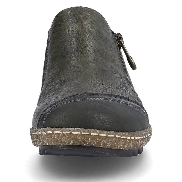 Rieker L7571-54 women's green combi leather water resistant side zip shoes, front view.