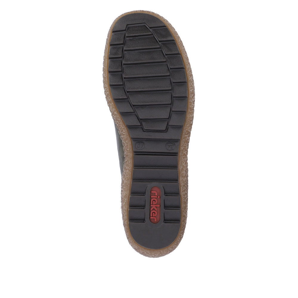 Rieker L7571-54 women's green combi leather water resistant side zip shoes, sole and tread view.