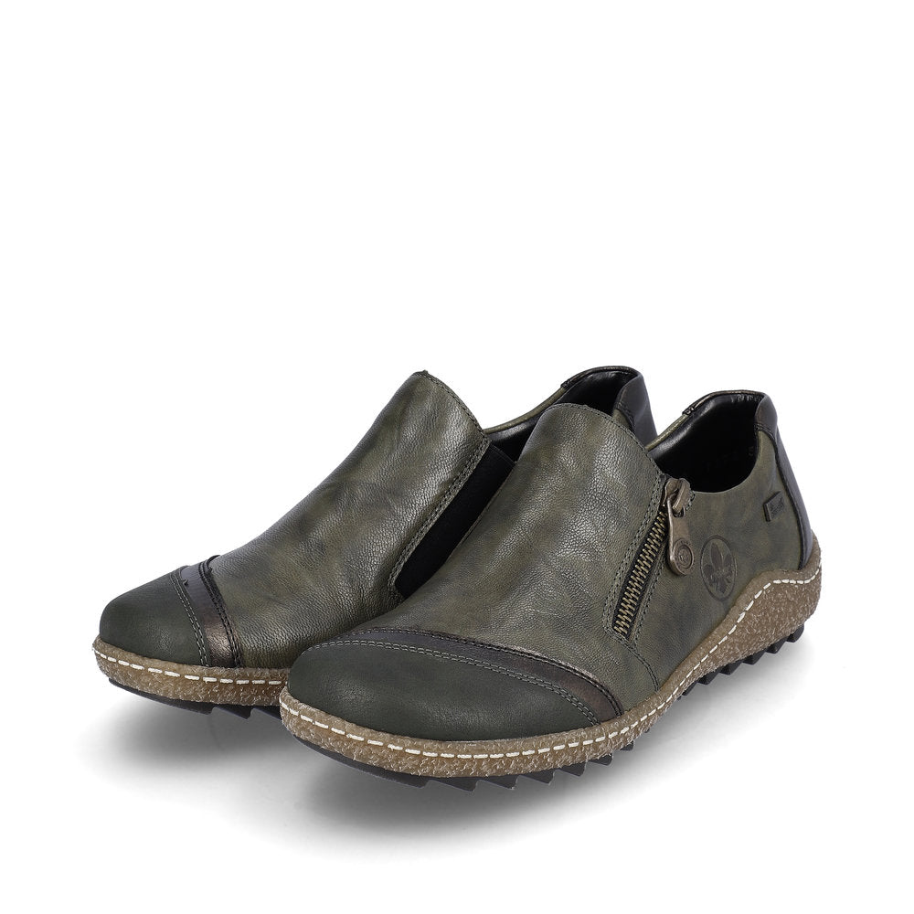 Rieker L7571-54 women's green combi leather water resistant side zip shoes, paired three-quarter view.