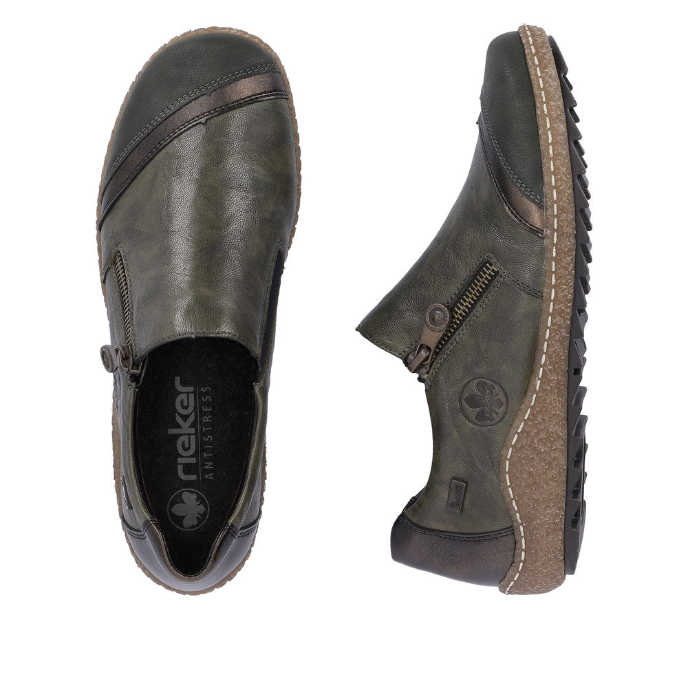 Rieker L7571-54 women's green combi leather water resistant side zip shoes, two-angle product view.