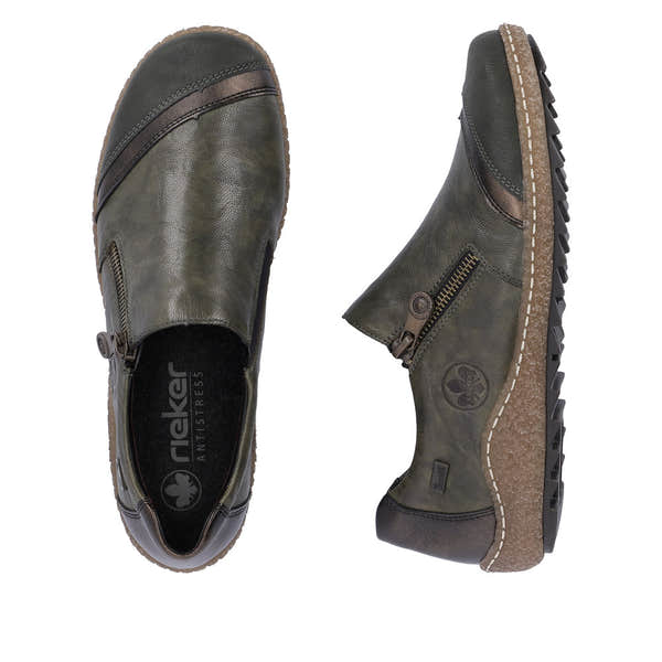 Rieker L7571-54 women's green combi leather water resistant side zip shoes, two-angle product view.
