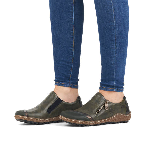Rieker L7571-54 women's green combi leather water resistant side zip shoes, on-foot lifestyle view.
