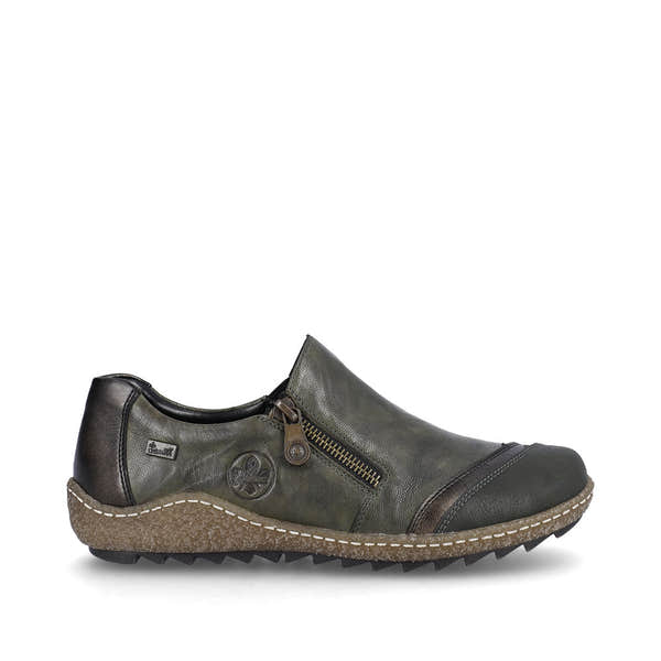 Rieker L7571-54 women's green combi leather water resistant side zip shoes, opposite side view.