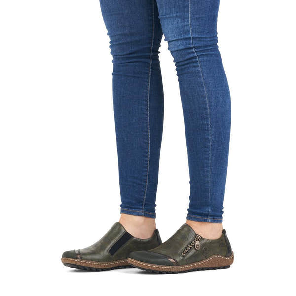 Rieker L7571-54 women's green combi leather water resistant side zip shoes, on-foot lifestyle view.