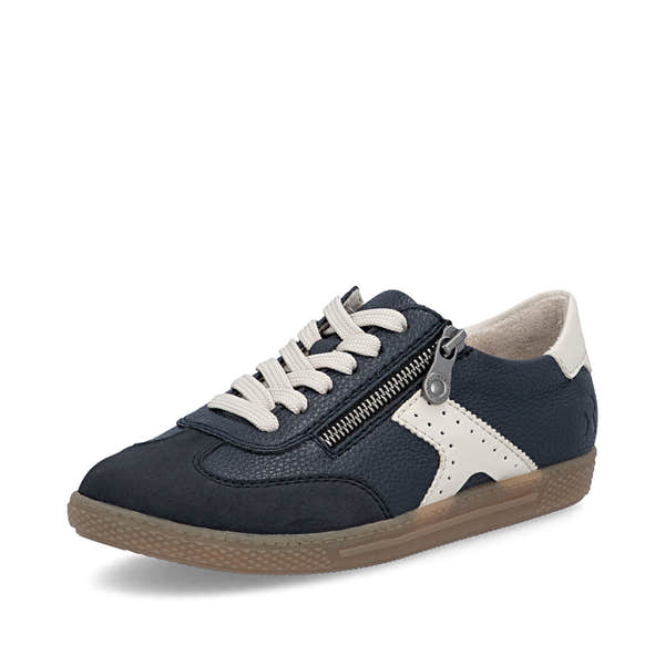 Rieker L9700-14 women's navy zip & lace trainers, front three-quarter view.