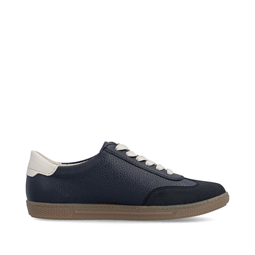 Rieker L9700-14 women's navy zip & lace trainers, outer side view.