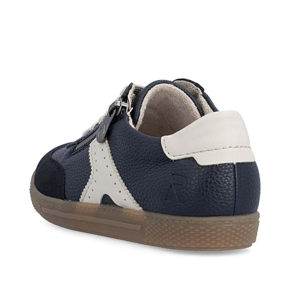 Rieker L9700-14 women's navy zip & lace trainers, rear three-quarter view.