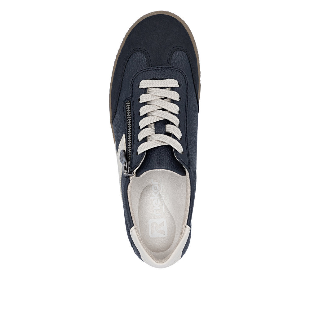 Rieker L9700-14 women's navy zip & lace trainers, top view.