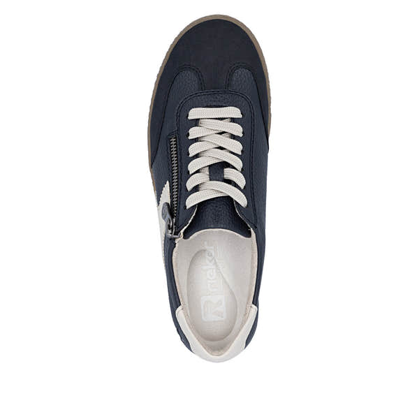 Rieker L9700-14 women's navy zip & lace trainers, top view.