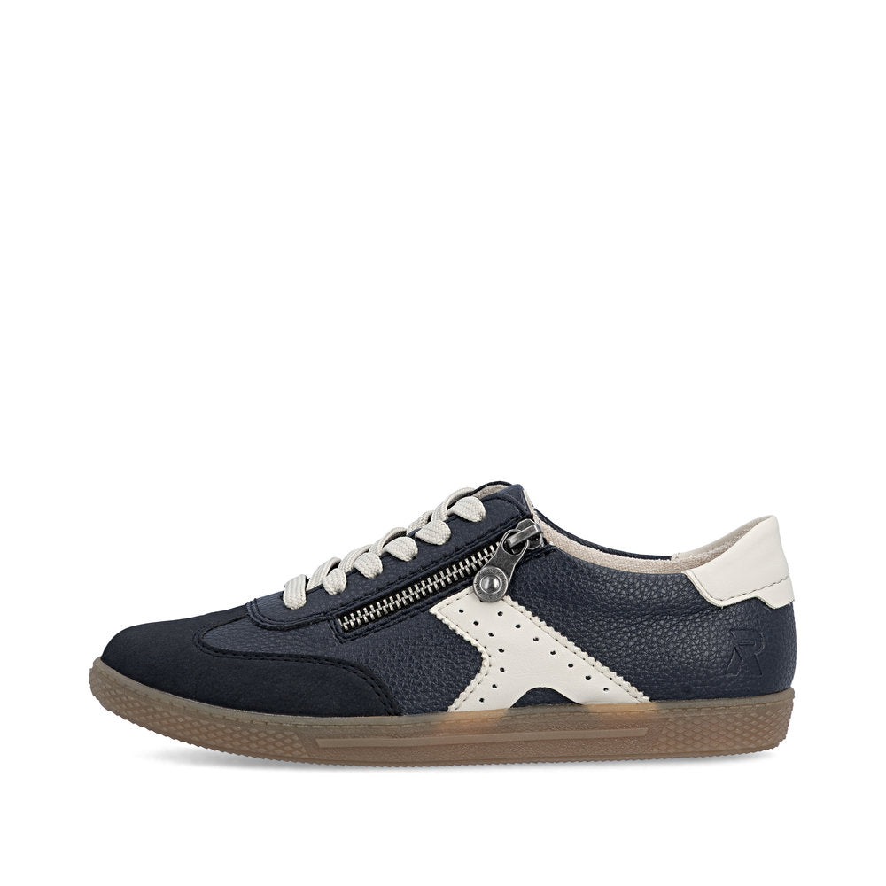 Rieker L9700-14 women's navy zip & lace trainers, inner side view.