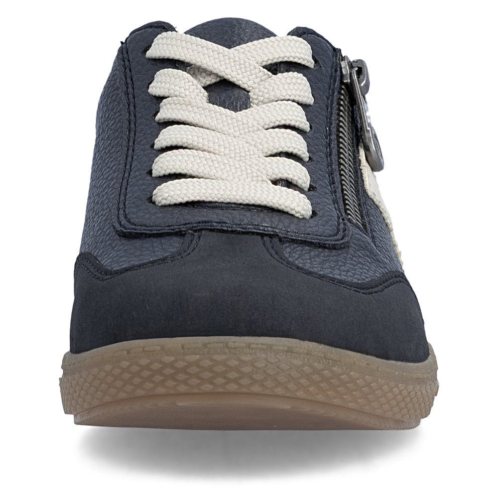 Rieker L9700-14 women's navy zip & lace trainers, front view.
