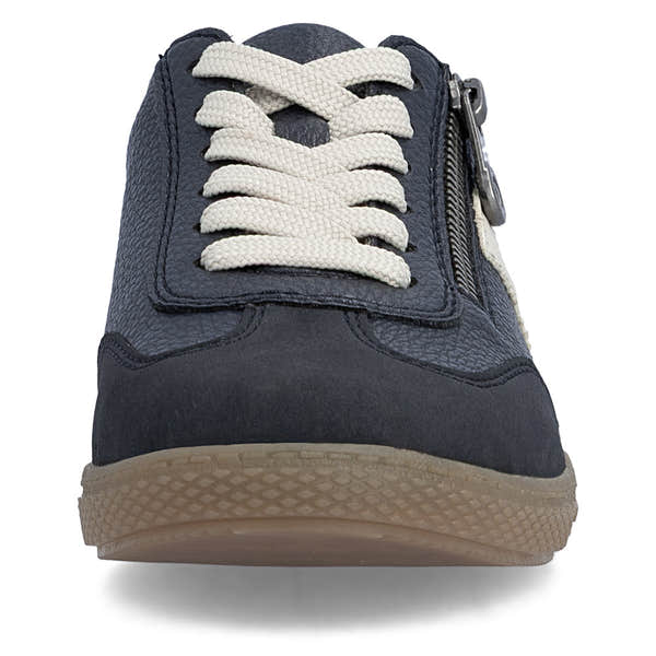 Rieker L9700-14 women's navy zip & lace trainers, front view.