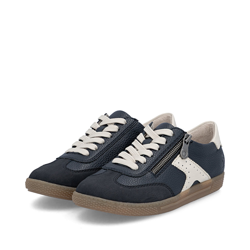 Rieker L9700-14 women's navy zip & lace trainers, paired three-quarter view.