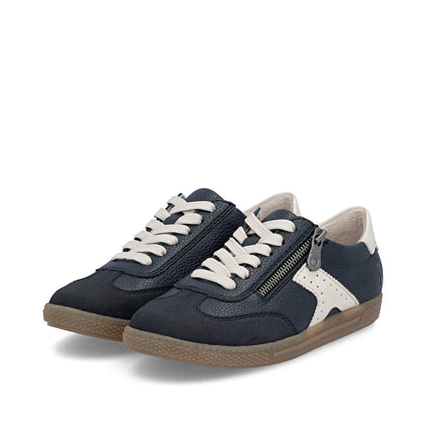 Rieker L9700-14 women's navy zip & lace trainers, paired three-quarter view.