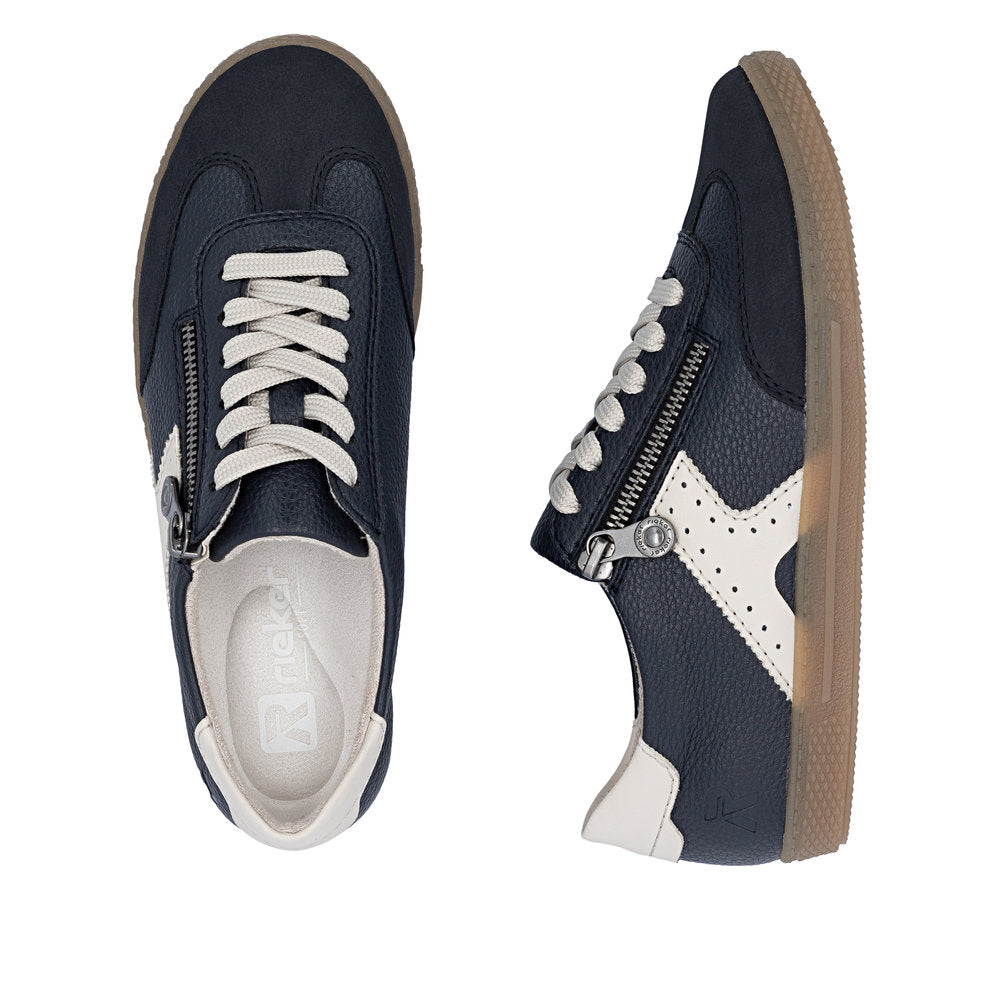 Rieker L9700-14 women's navy zip & lace trainers, two-angle product view.
