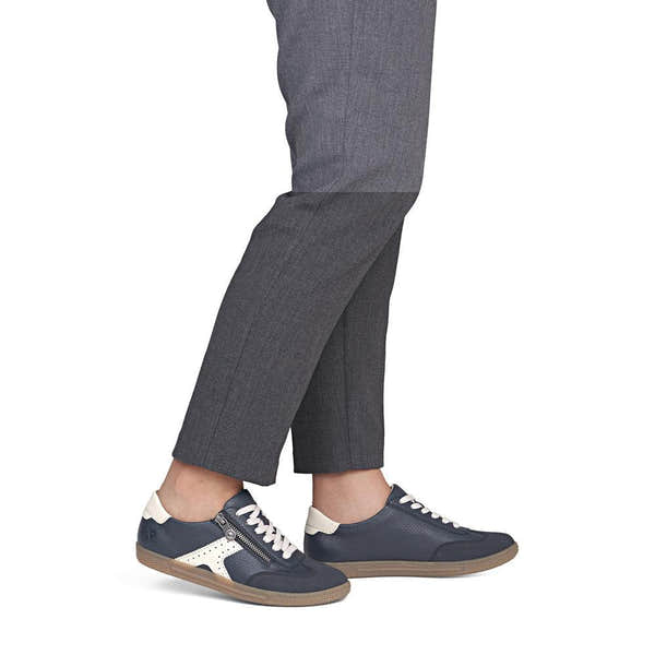 Rieker L9700-14 women's navy zip & lace trainers, on-foot lifestyle view.
