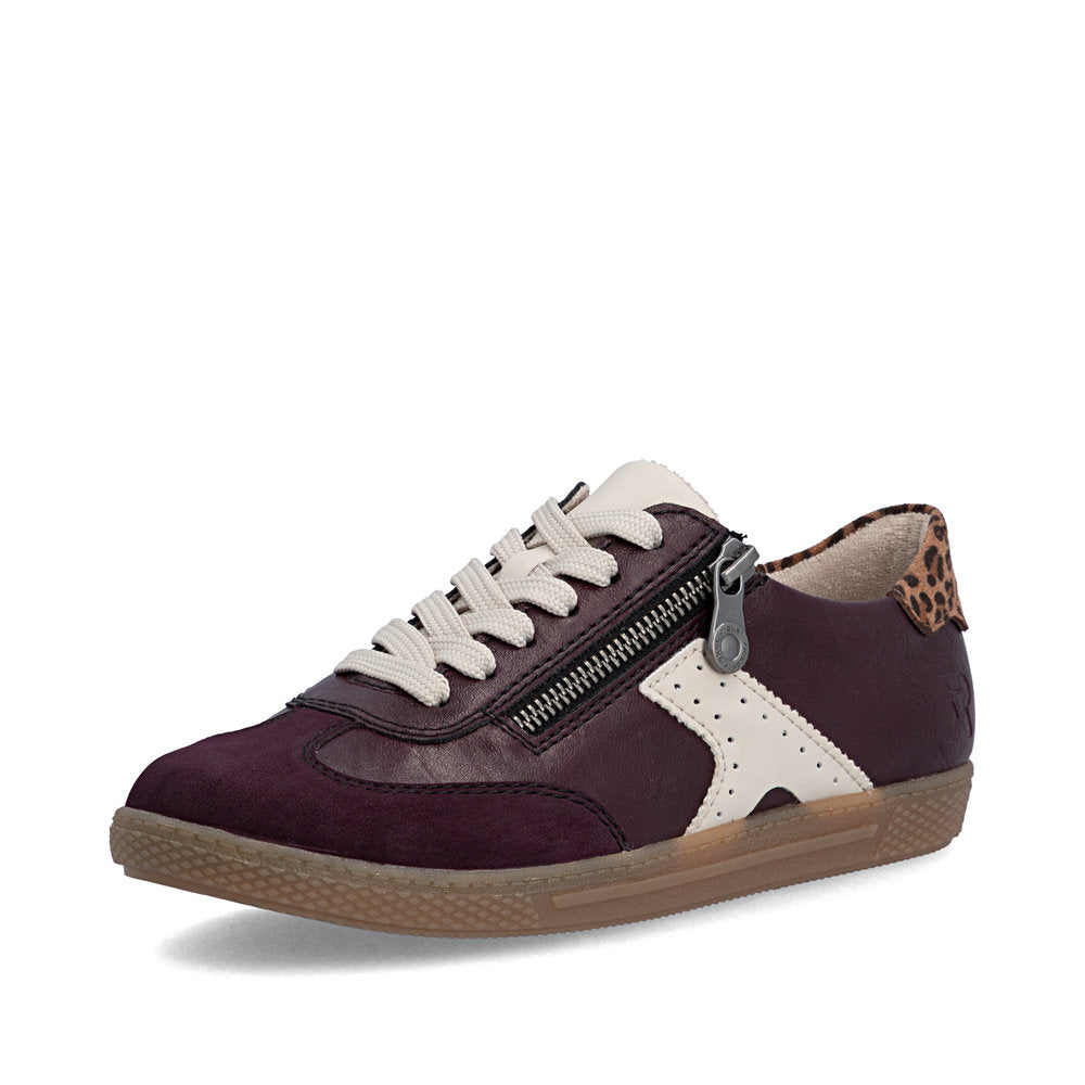 Rieker L9700-30 women's brown zip & lace trainers, front three-quarter view.