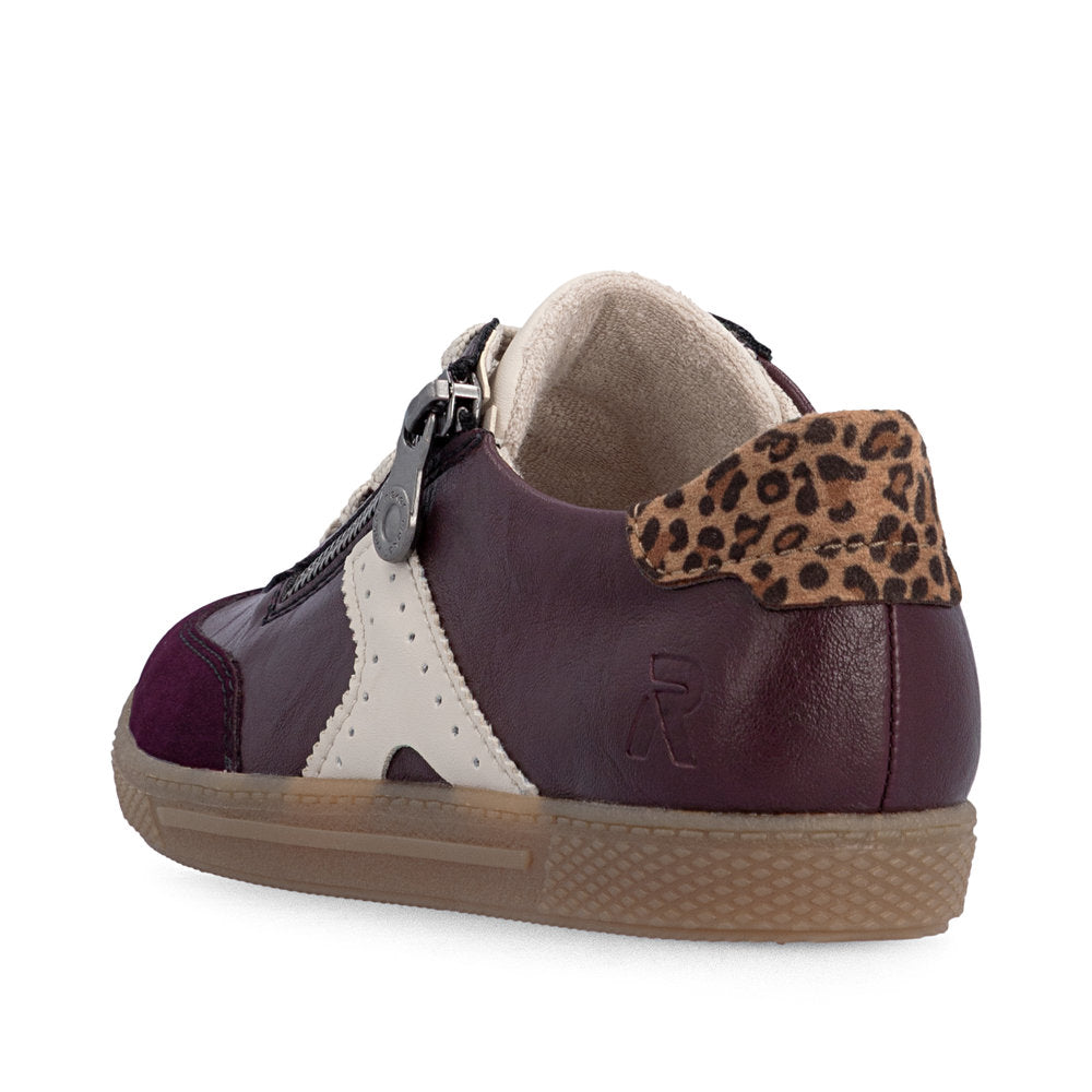 Rieker L9700-30 women's brown zip & lace trainers, rear three-quarter view.