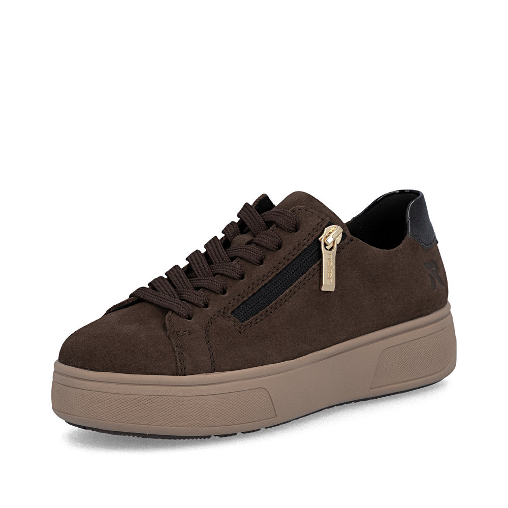 Rieker M7701-25 women's brown suede zip & lace trainers, front three-quarter view.