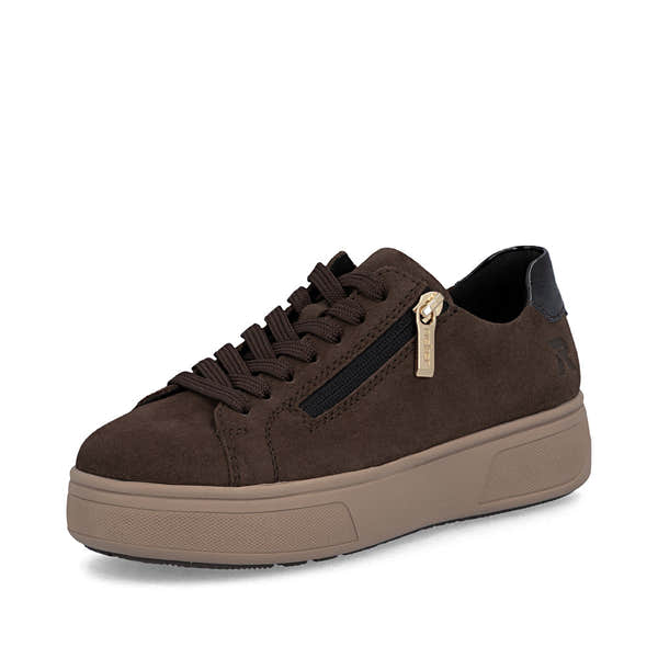 Rieker M7701-25 women's brown suede zip & lace trainers, front three-quarter view.