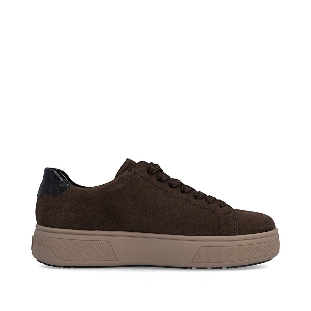 Rieker M7701-25 women's brown suede zip & lace trainers, outer side view.