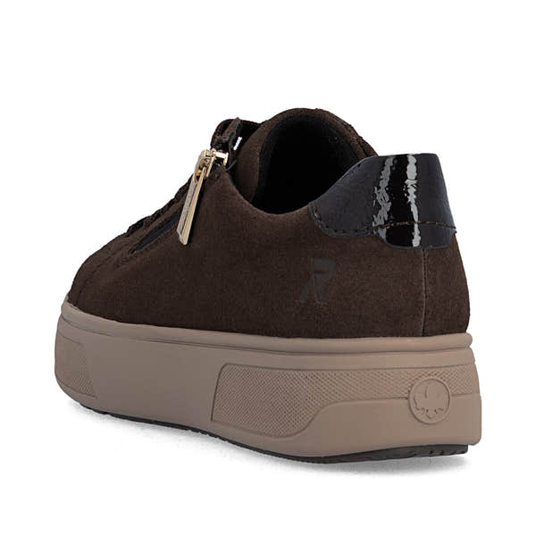 Rieker M7701-25 women's brown suede zip & lace trainers, rear three-quarter view.