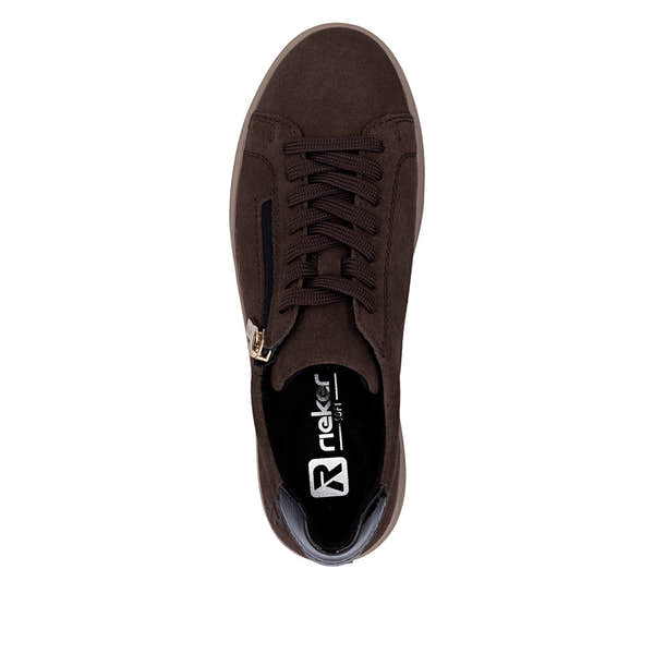 Rieker M7701-25 women's brown suede zip & lace trainers, top view.