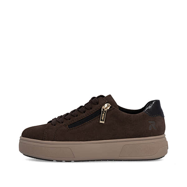 Rieker M7701-25 women's brown suede zip & lace trainers, inner side view.