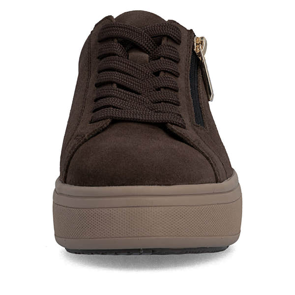 Rieker M7701-25 women's brown suede zip & lace trainers, front view.