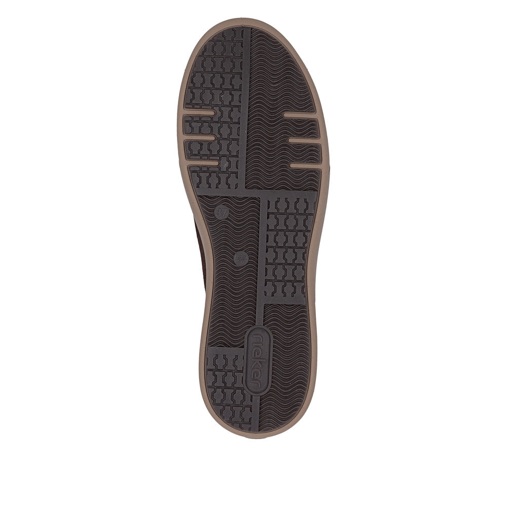 Rieker M7701-25 women's brown suede zip & lace trainers, sole and tread view.