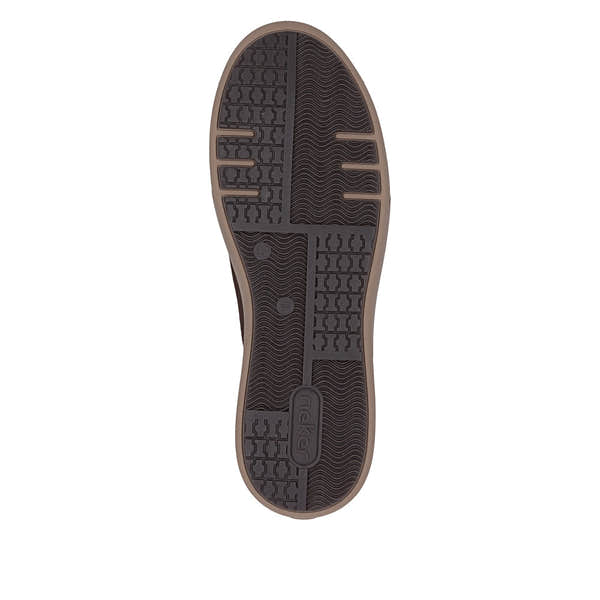 Rieker M7701-25 women's brown suede zip & lace trainers, sole and tread view.
