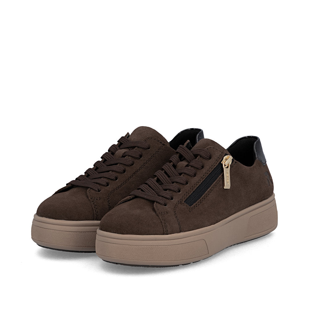Rieker M7701-25 women's brown suede zip & lace trainers, paired three-quarter view.