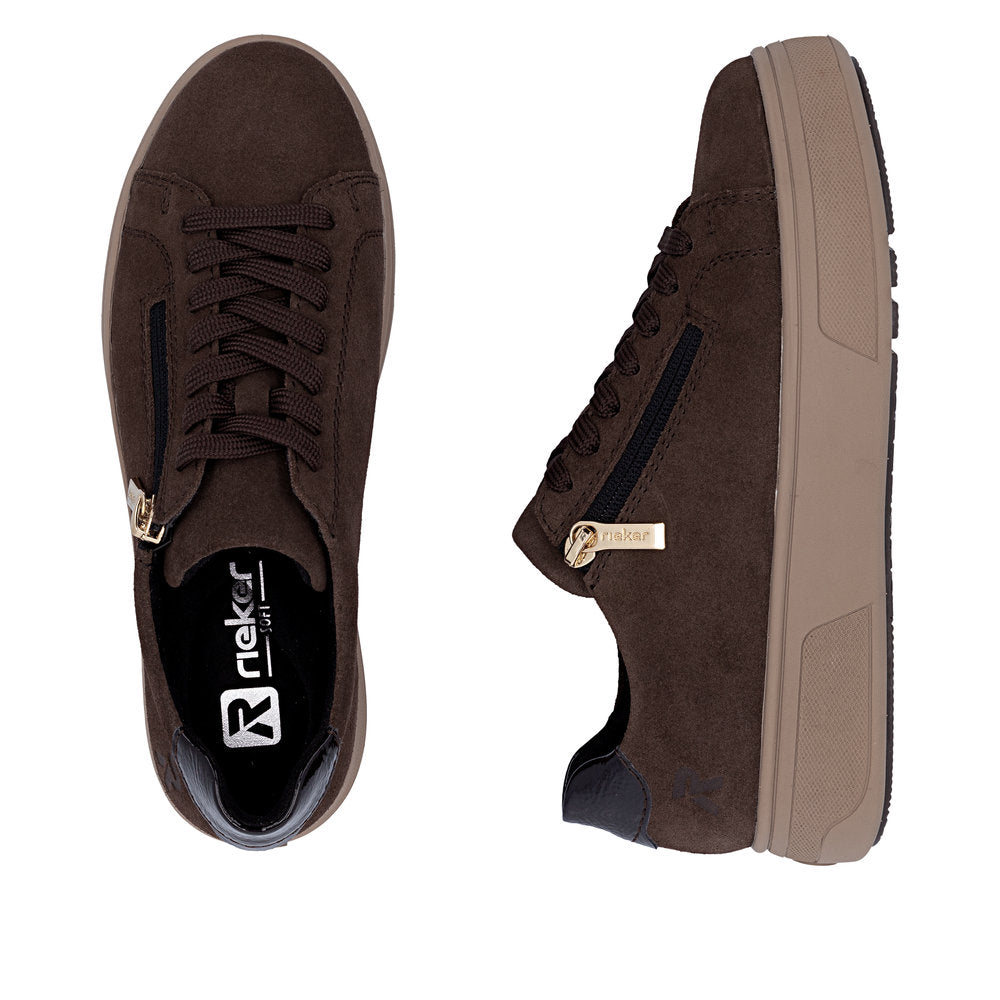 Rieker M7701-25 women's brown suede zip & lace trainers, two-angle product view.