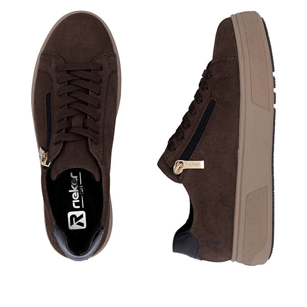 Rieker M7701-25 women's brown suede zip & lace trainers, two-angle product view.