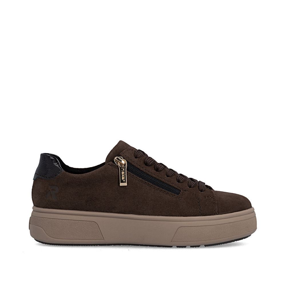 Rieker M7701-25 women's brown suede zip & lace trainers, opposite side view.