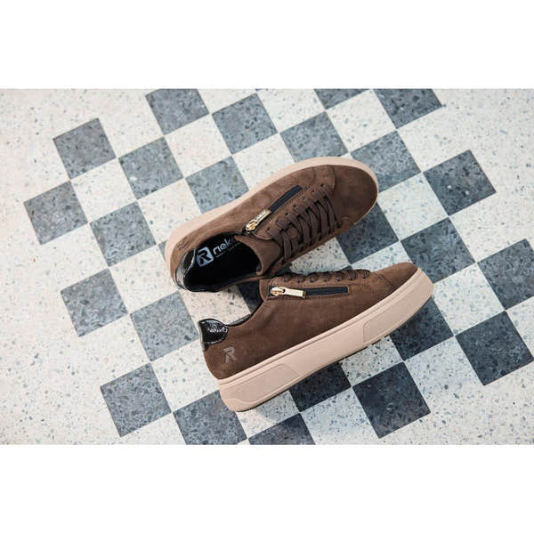 Rieker M7701-25 women's brown suede zip & lace trainers, lifestyle view 1 of 4.