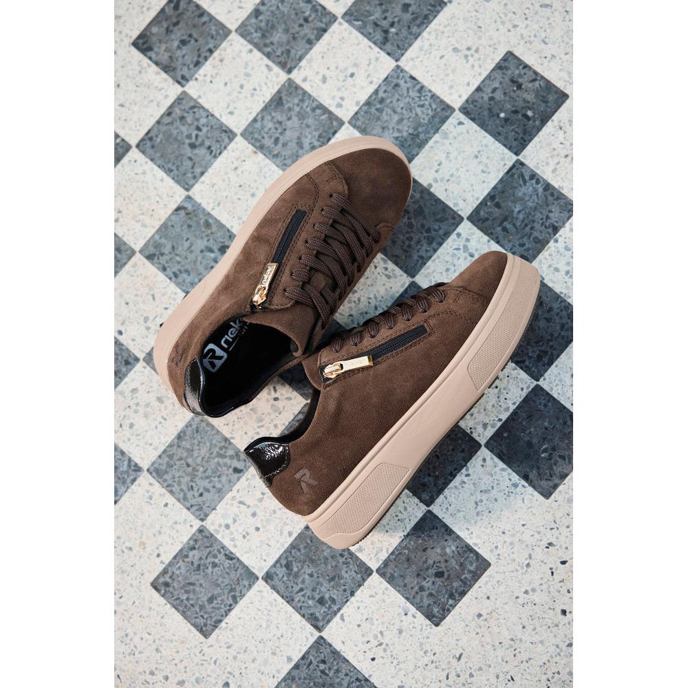 Rieker M7701-25 women's brown suede zip & lace trainers, lifestyle view 2 of 4.