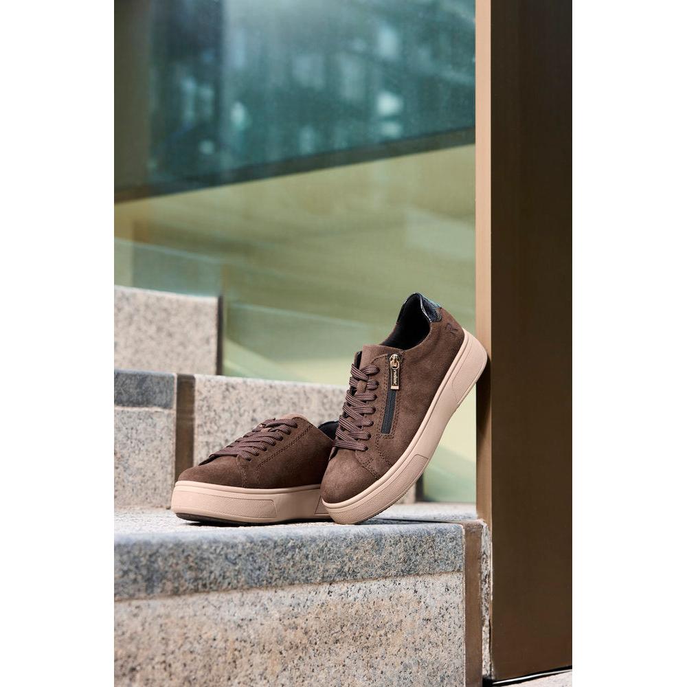 Rieker M7701-25 women's brown suede zip & lace trainers, lifestyle view 3 of 4.