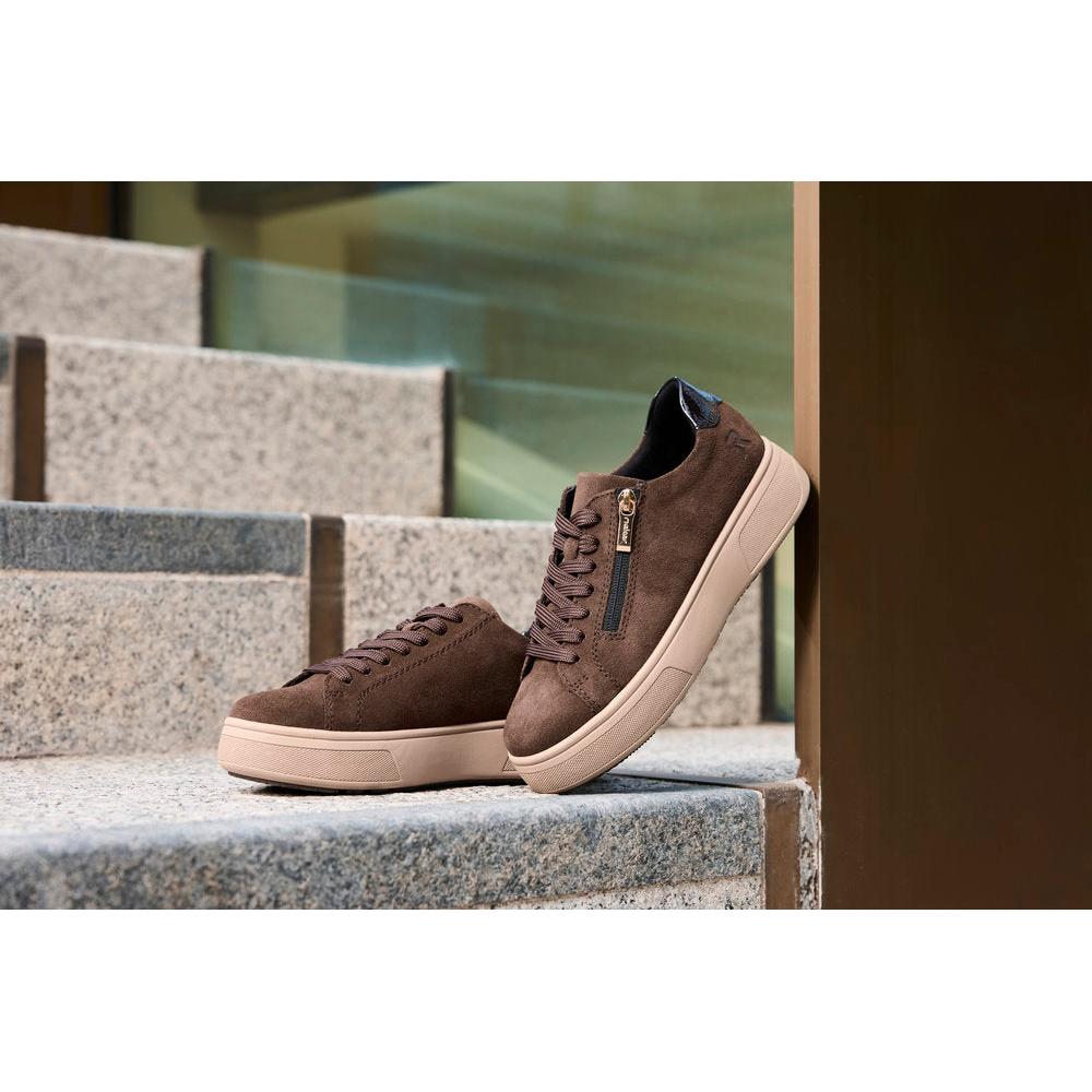 Rieker M7701-25 women's brown suede zip & lace trainers, lifestyle view 4 of 4.