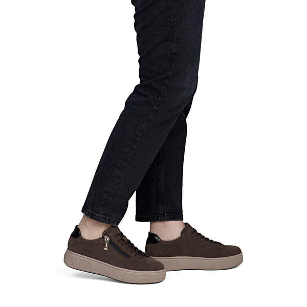 Rieker M7701-25 women's brown suede zip & lace trainers, on-foot lifestyle view.