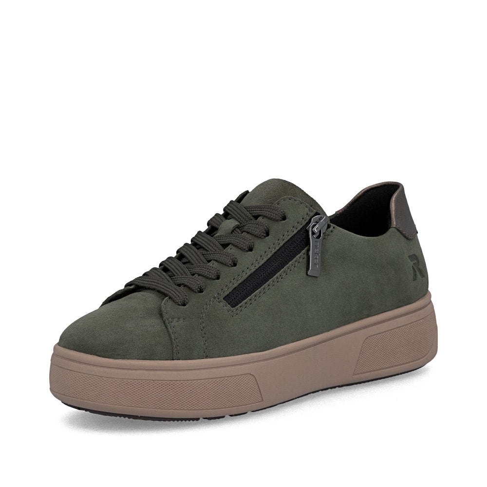 Rieker M7701-55 women's green suede zip & lace trainers, front three-quarter view.