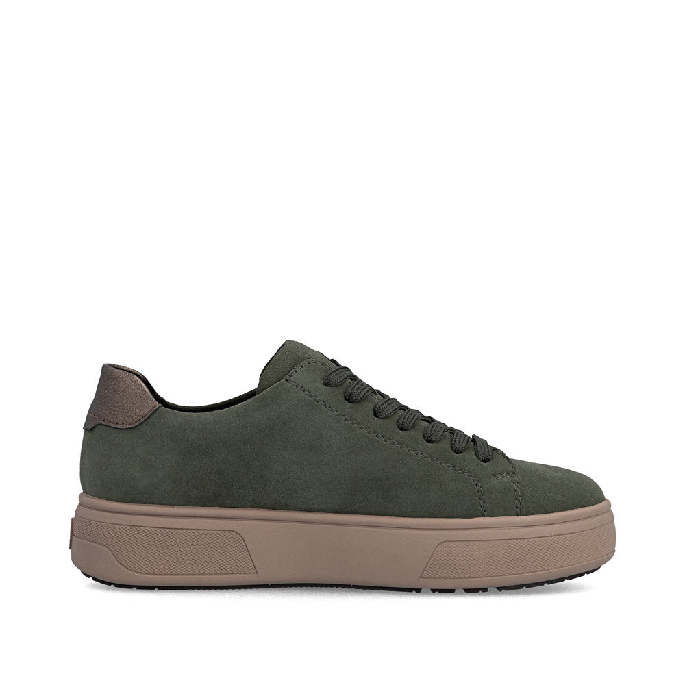 Rieker M7701-55 women's green suede zip & lace trainers, outer side view.