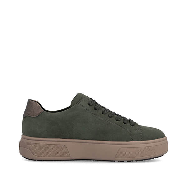 Rieker M7701-55 women's green suede zip & lace trainers, outer side view.