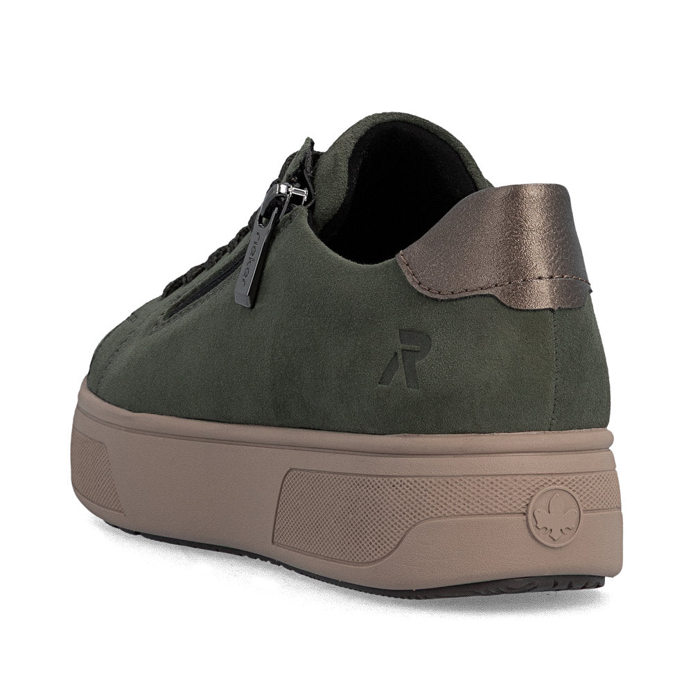 Rieker M7701-55 women's green suede zip & lace trainers, rear three-quarter view.