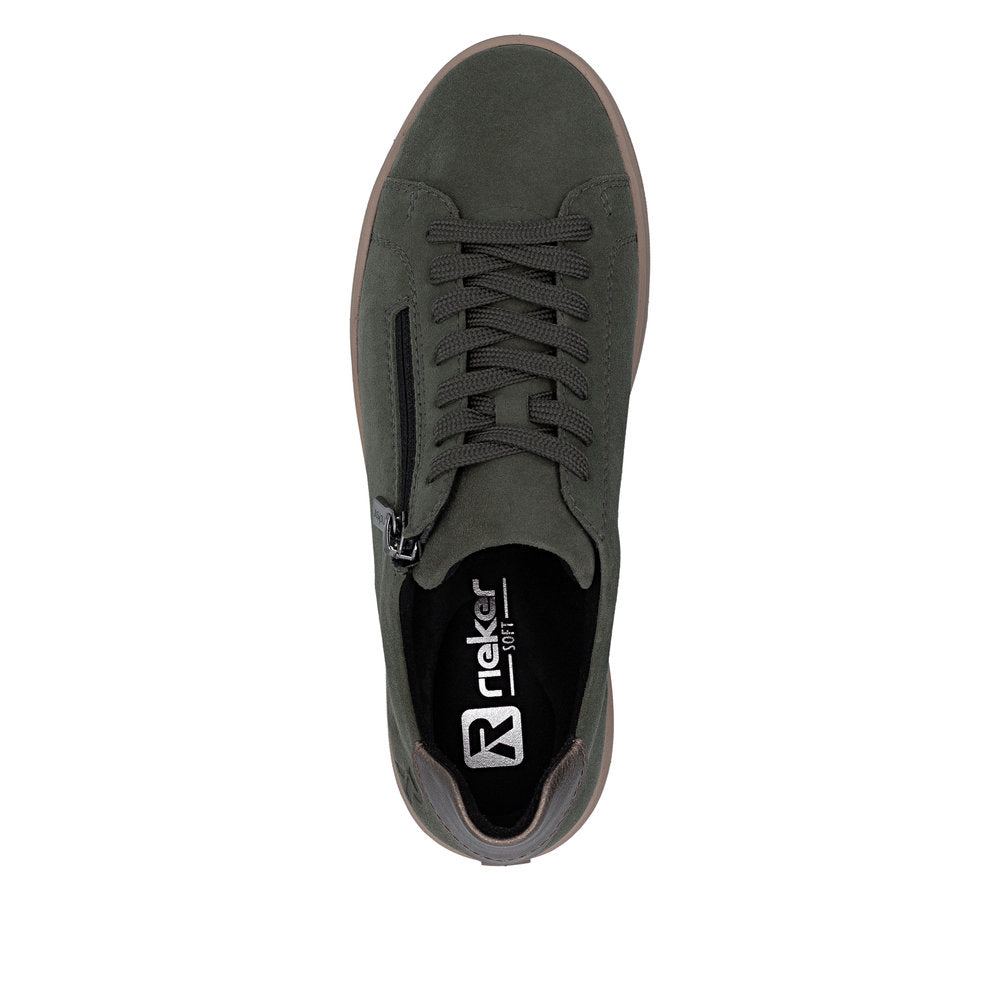 Rieker M7701-55 women's green suede zip & lace trainers, top view.