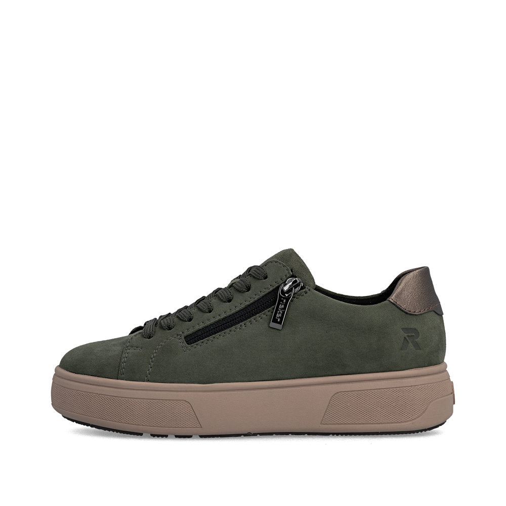 Rieker M7701-55 women's green suede zip & lace trainers, inner side view.