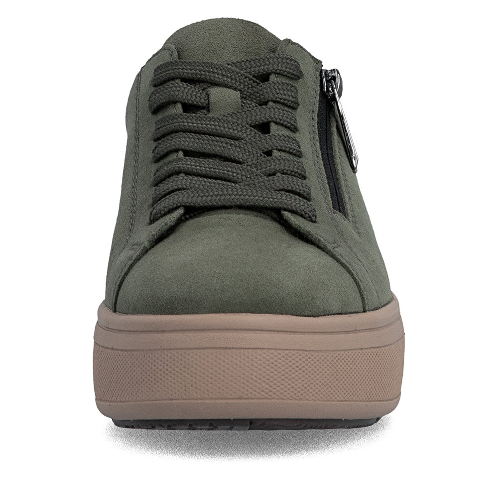 Rieker M7701-55 women's green suede zip & lace trainers, front view.